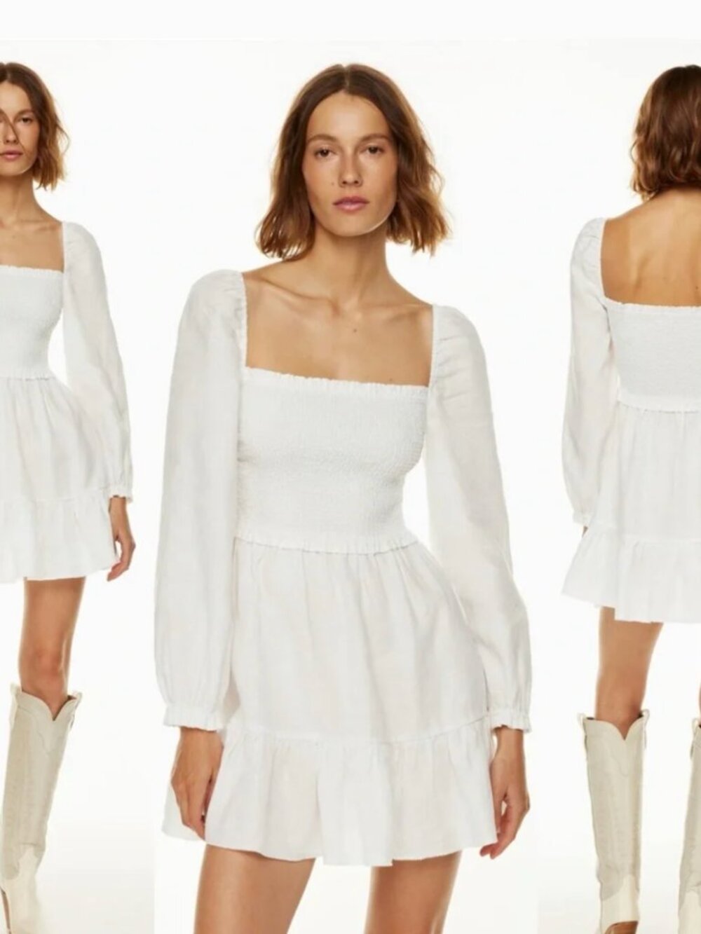 Wilfred by Aritzia White Linen Smocked Long Sleeve Mini Dress M